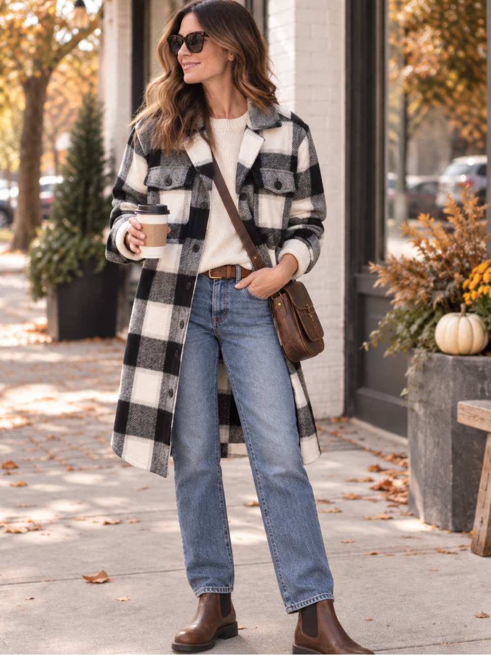 Tribal Jeans Buffalo Plaid Longline Cozy Shacket Coat Black White M